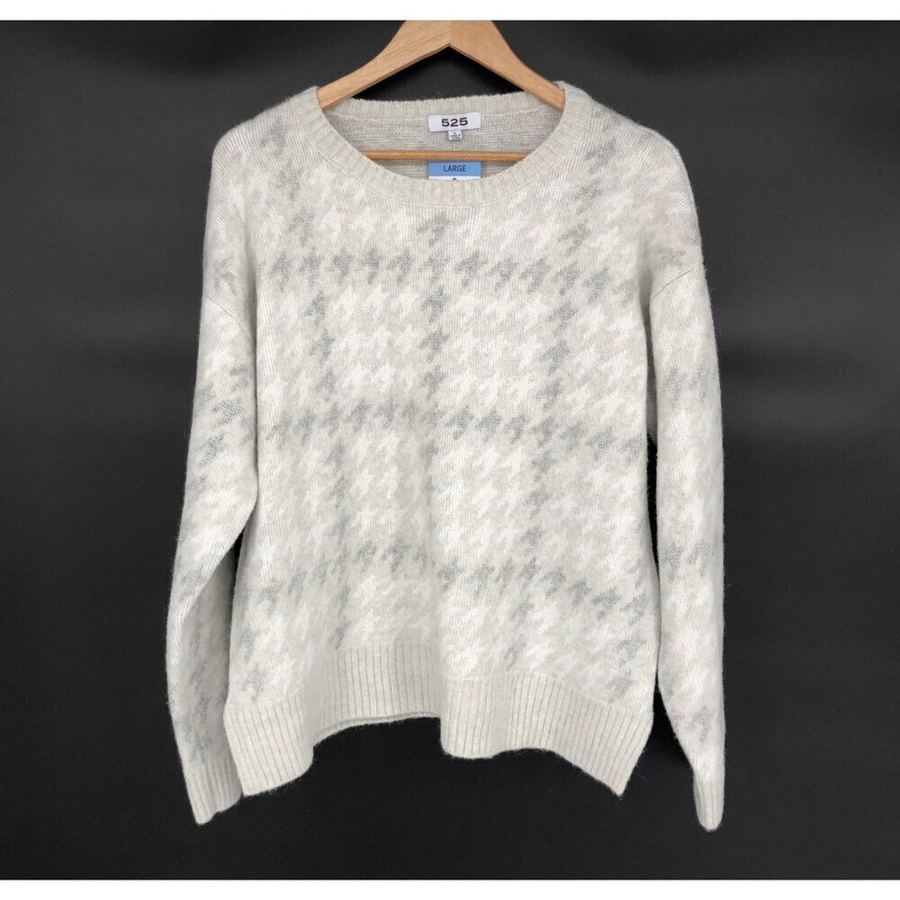NWT 525 Women's Houndstooth Pullover Sweater Size L White/Gray Soft Warm Cozy